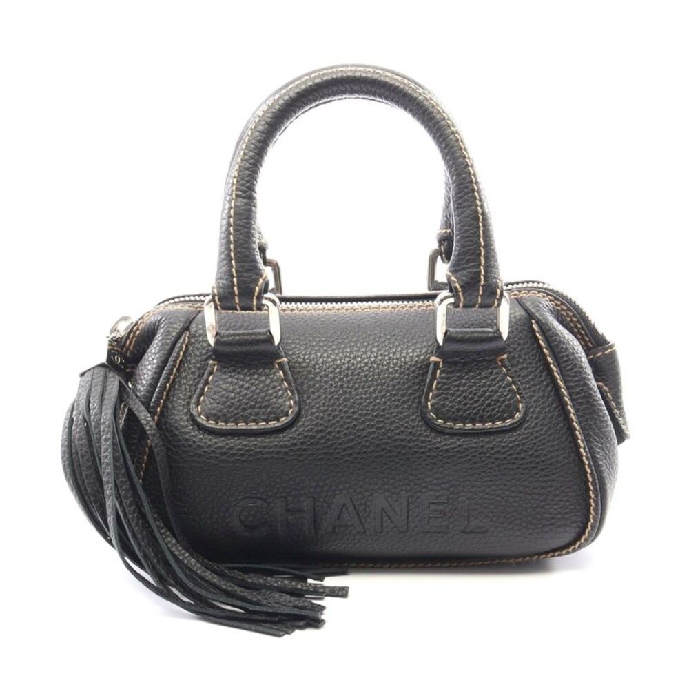 Chanel Logo Handbag Caviar Skin Black